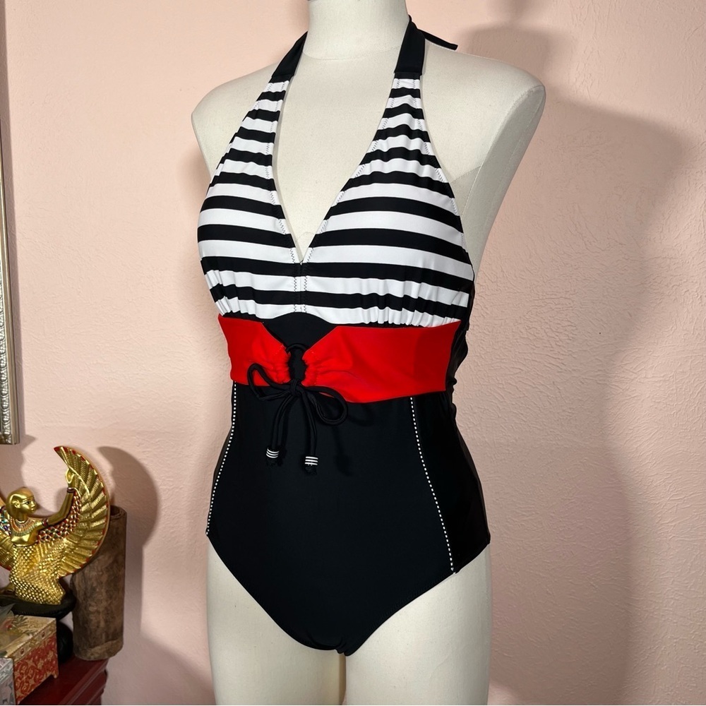 Vintage Retro Black Red nautical Sailor pin up girl Halter One piece Swimsuit